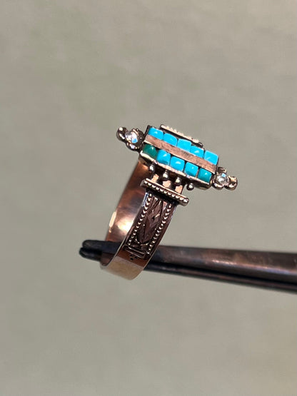 Victorian Turquoise and Rose Cut Diamond Ring in 10K Rosey Gold