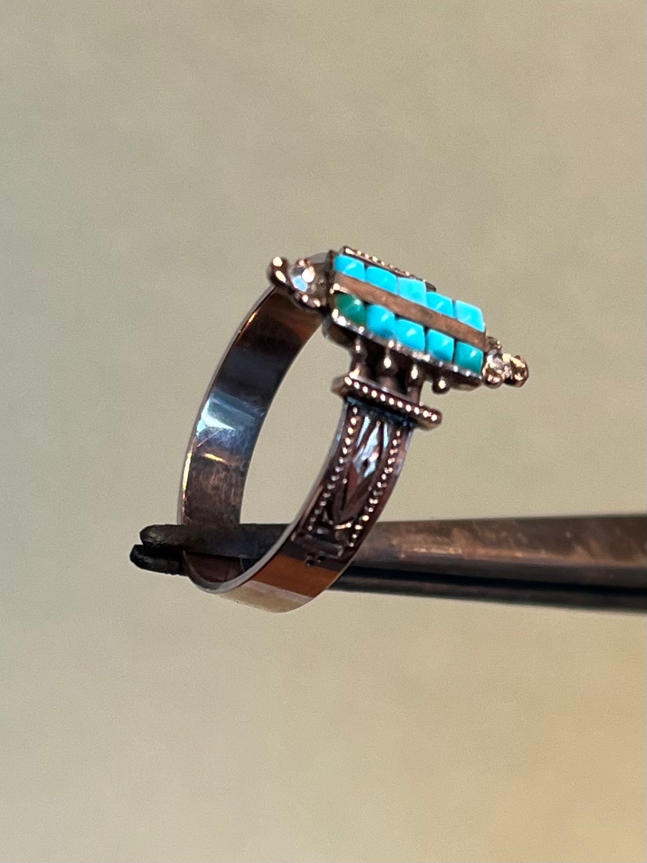 Victorian Turquoise and Rose Cut Diamond Ring in 10K Rosey Gold