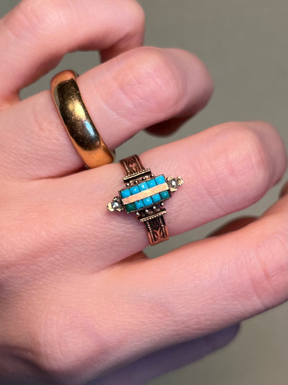 Victorian Turquoise and Rose Cut Diamond Ring in 10K Rosey Gold