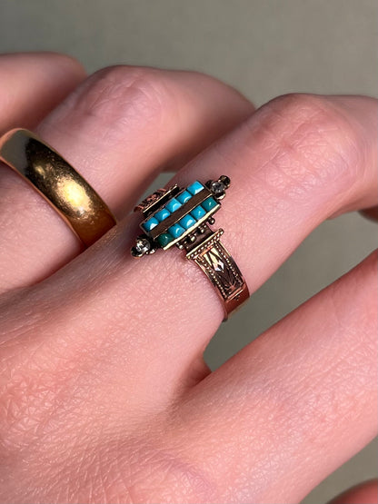 Victorian Turquoise and Rose Cut Diamond Ring in 10K Rosey Gold