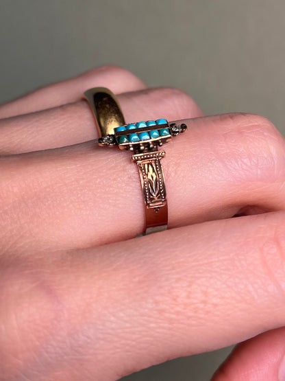 Victorian Turquoise and Rose Cut Diamond Ring in 10K Rosey Gold
