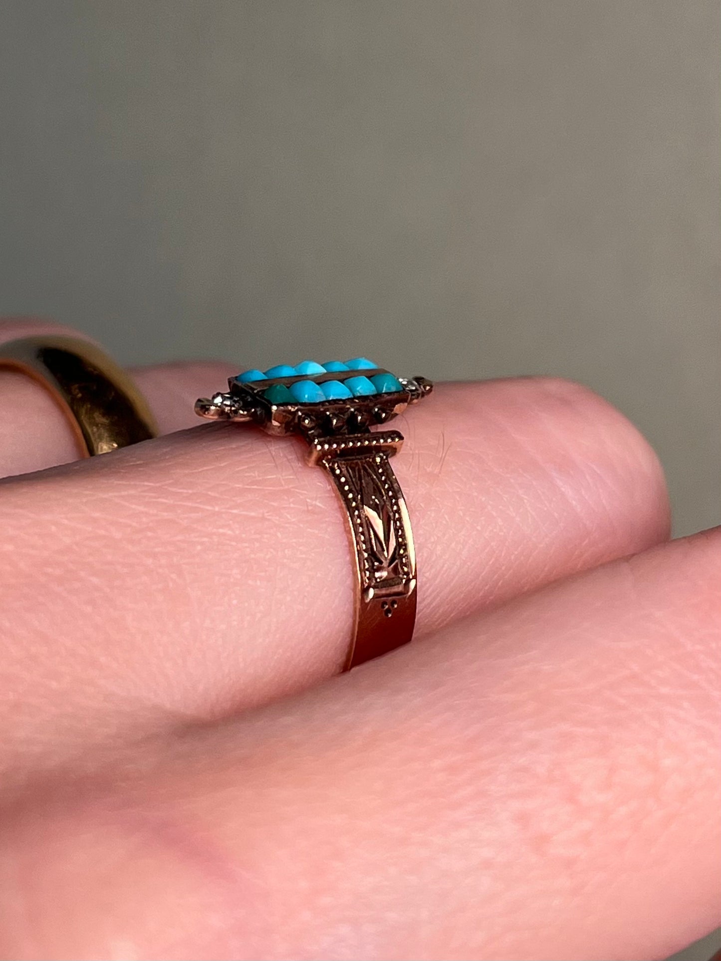 Victorian Turquoise and Rose Cut Diamond Ring in 10K Rosey Gold