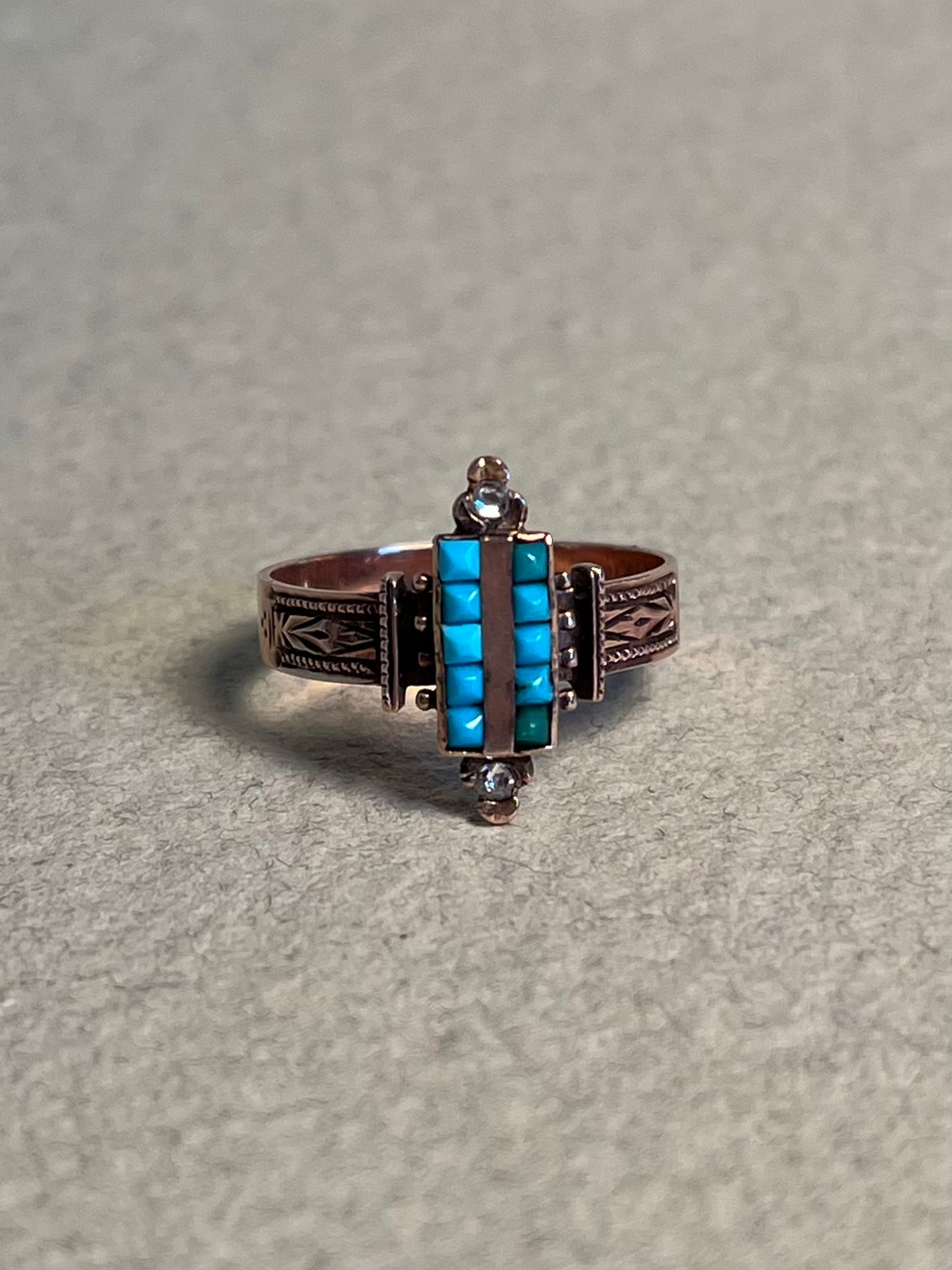 Victorian Turquoise and Rose Cut Diamond Ring in 10K Rosey Gold