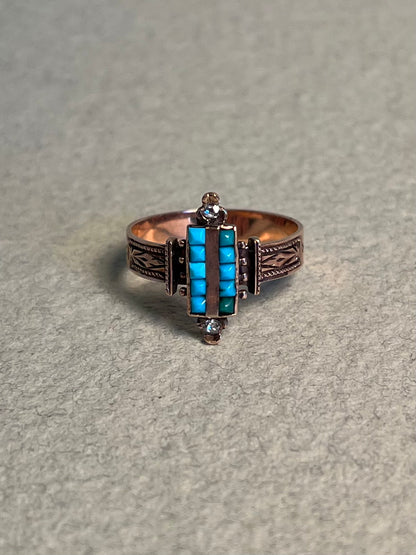 Victorian Turquoise and Rose Cut Diamond Ring in 10K Rosey Gold
