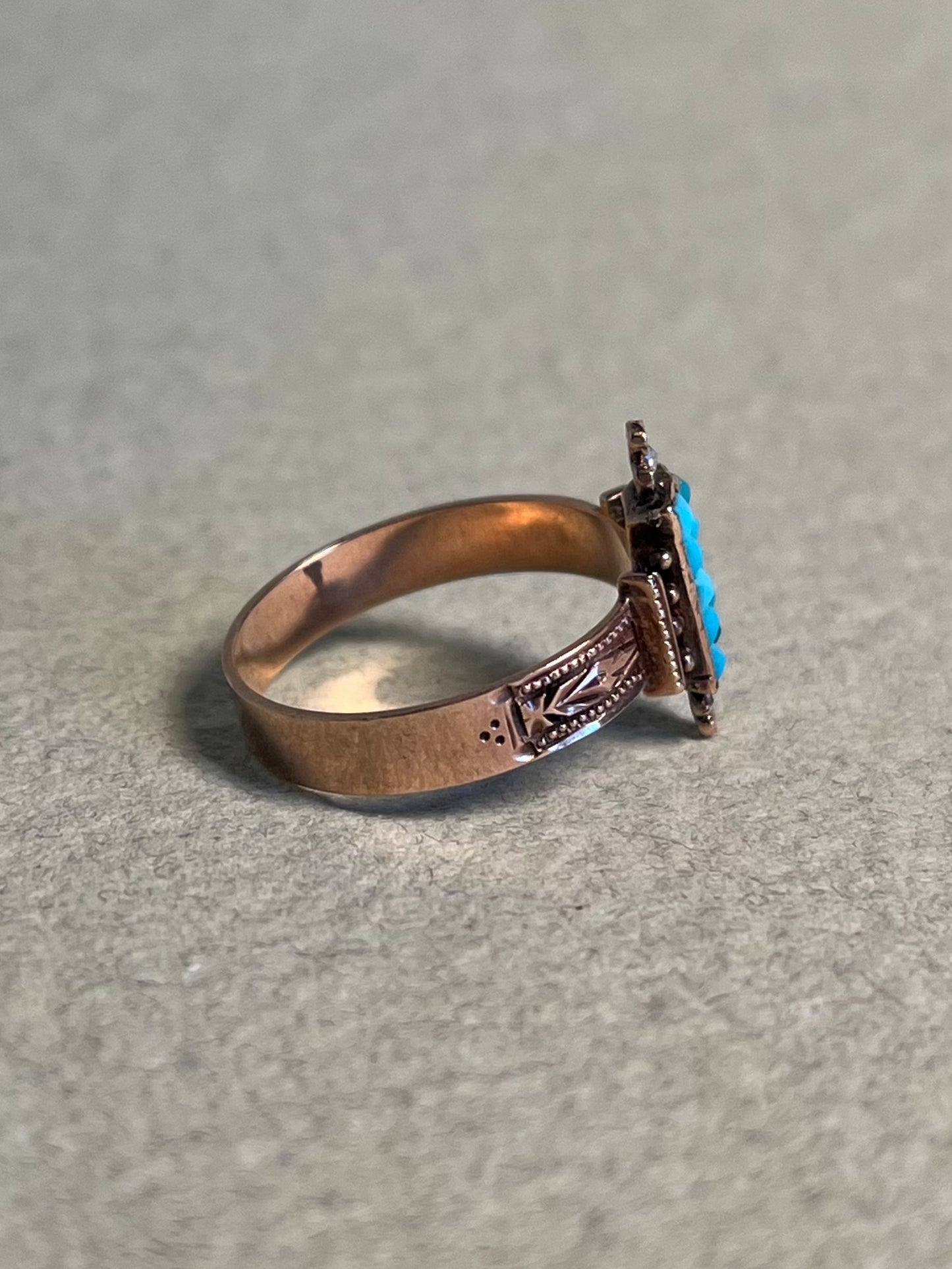 Victorian Turquoise and Rose Cut Diamond Ring in 10K Rosey Gold