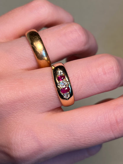 18K Victorian Five Stone Band with Diamonds and Rubies