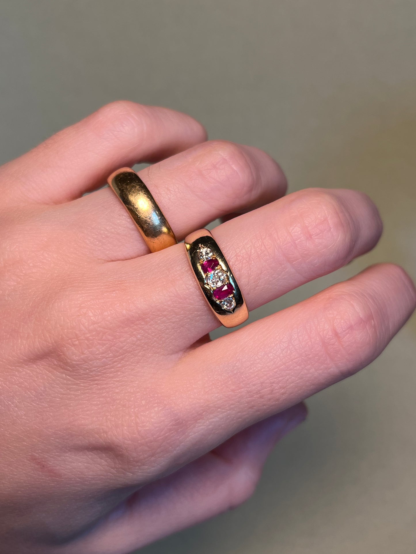 18K Victorian Five Stone Band with Diamonds and Rubies
