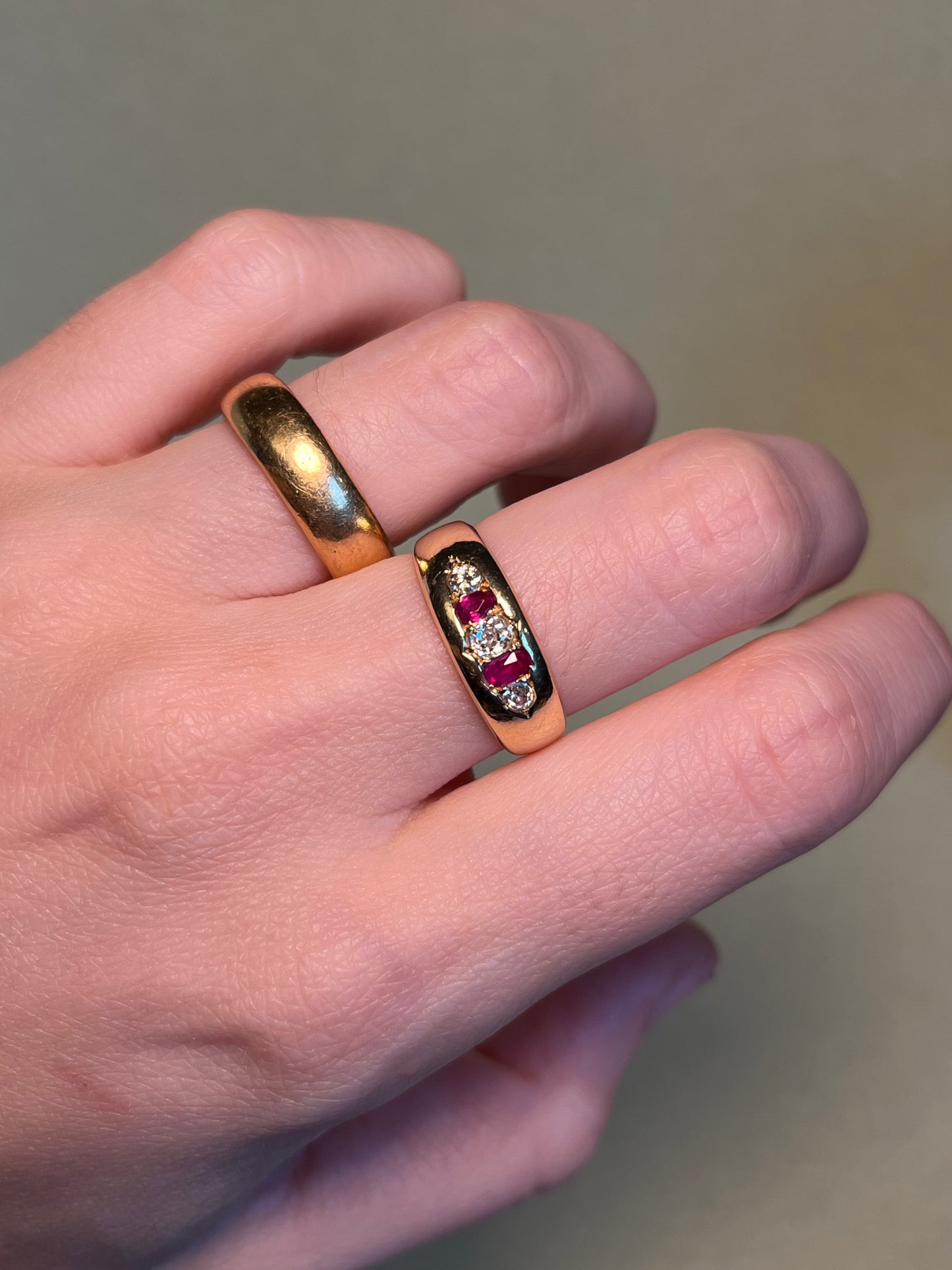 18K Victorian Five Stone Band with Diamonds and Rubies