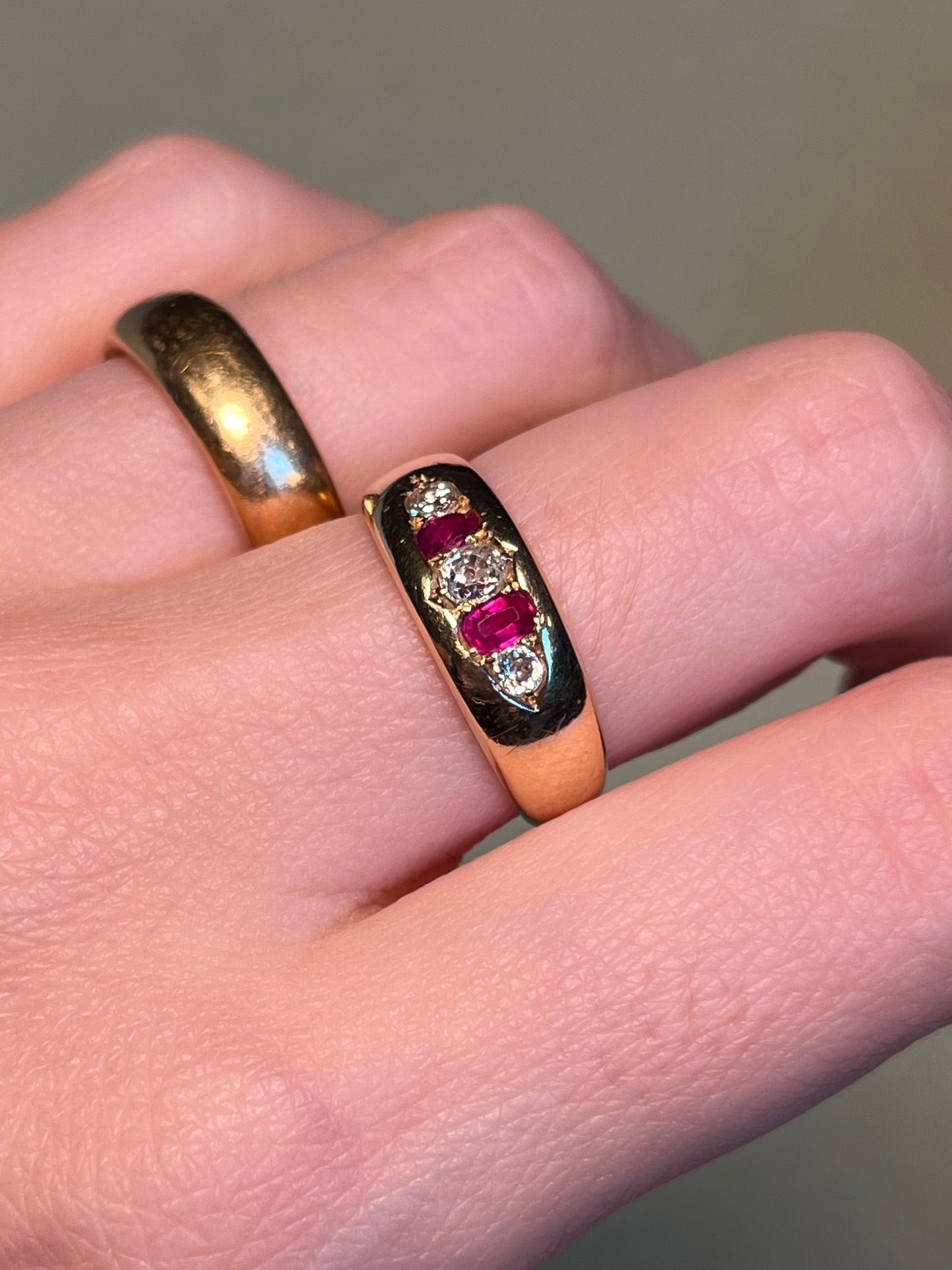 18K Victorian Five Stone Band with Diamonds and Rubies