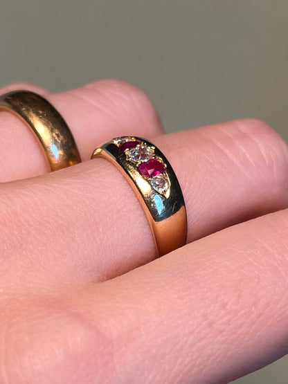 18K Victorian Five Stone Band with Diamonds and Rubies