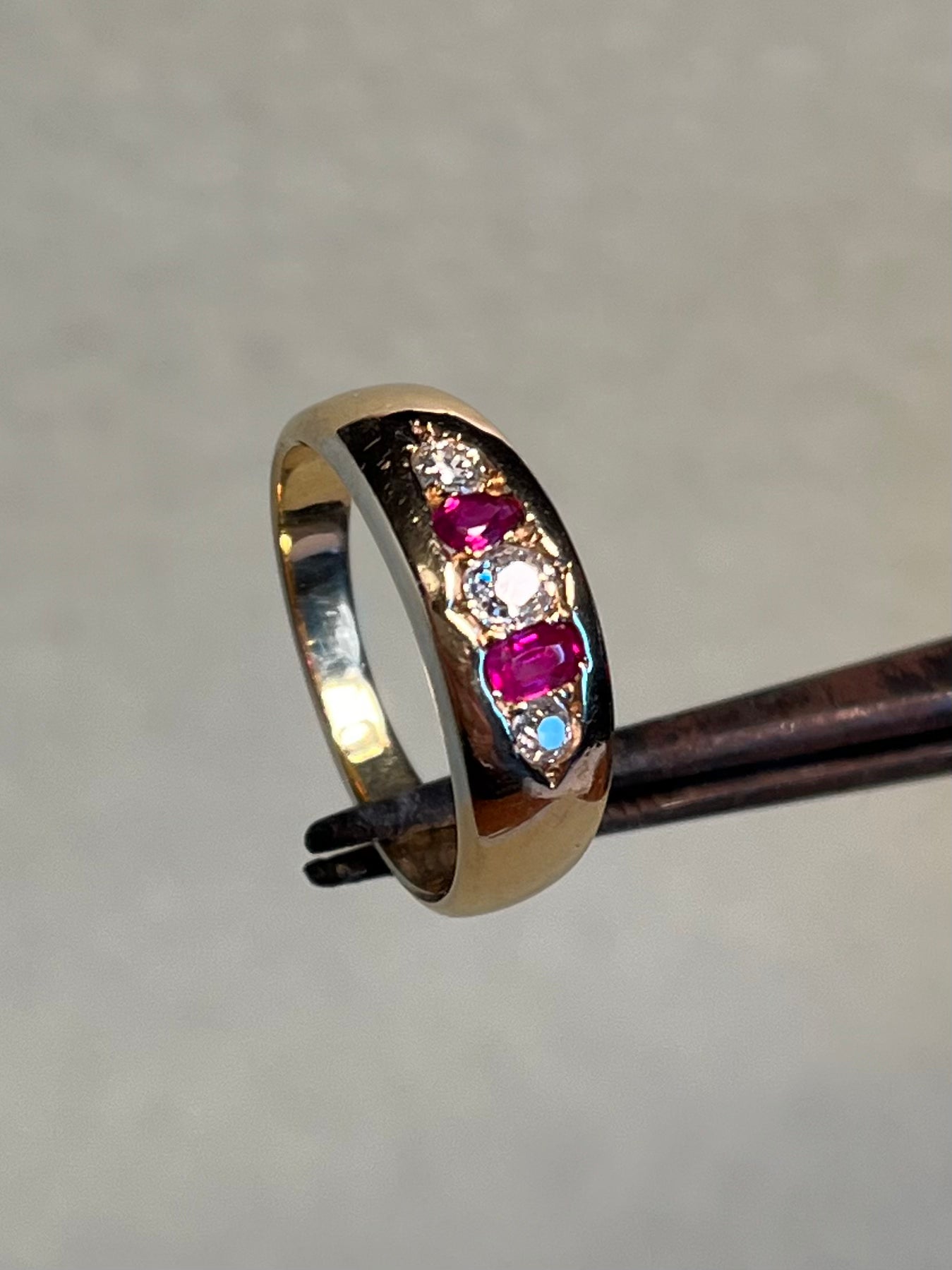 18K Victorian Five Stone Band with Diamonds and Rubies