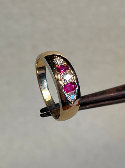 18K Victorian Five Stone Band with Diamonds and Rubies