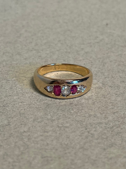 18K Victorian Five Stone Band with Diamonds and Rubies