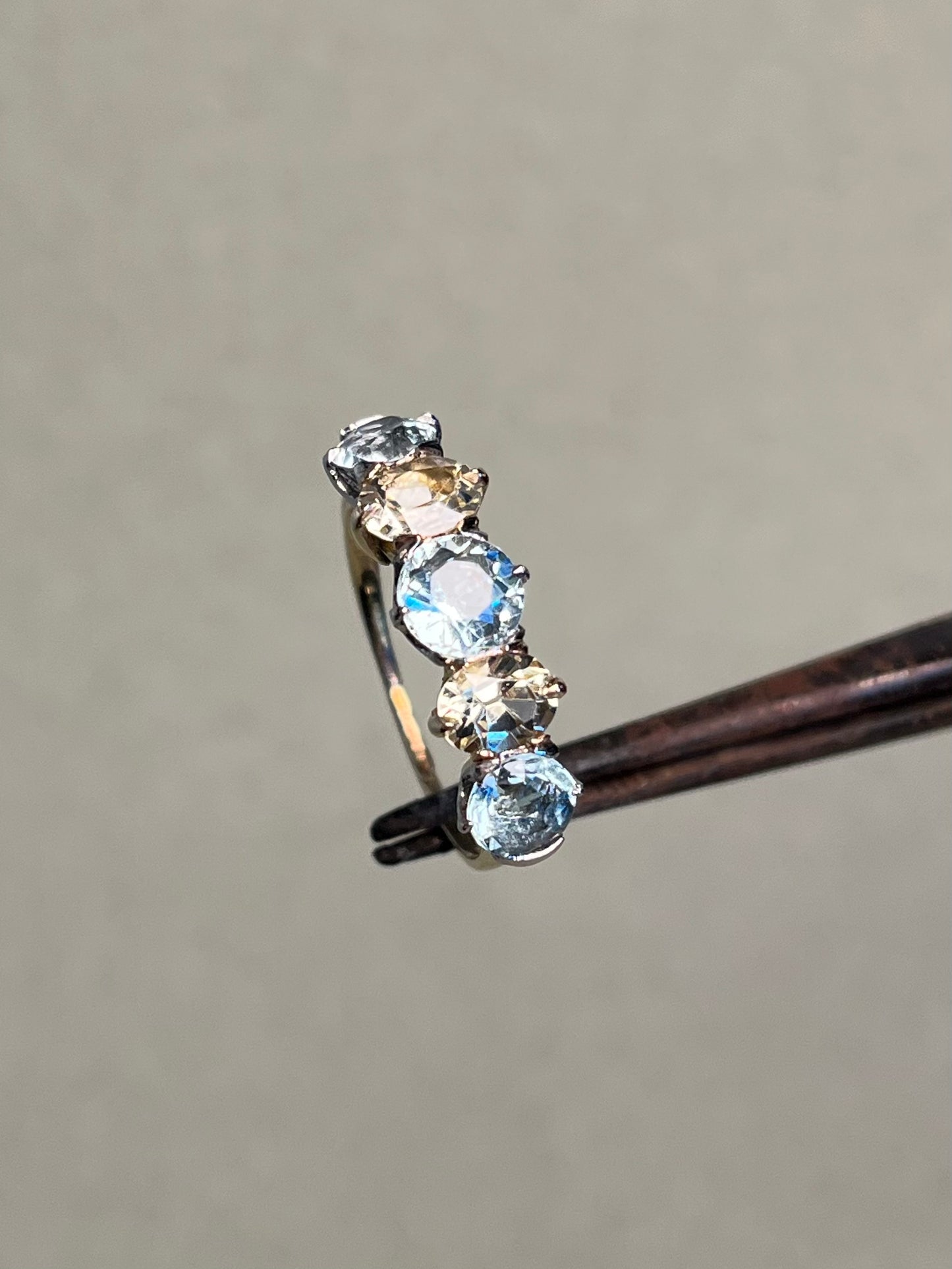 Antique Five Stone Ring with Old Cut Aquamarine and Chrysoberyl