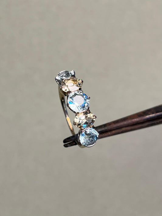Antique Five Stone Ring with Old Cut Aquamarine and Chrysoberyl