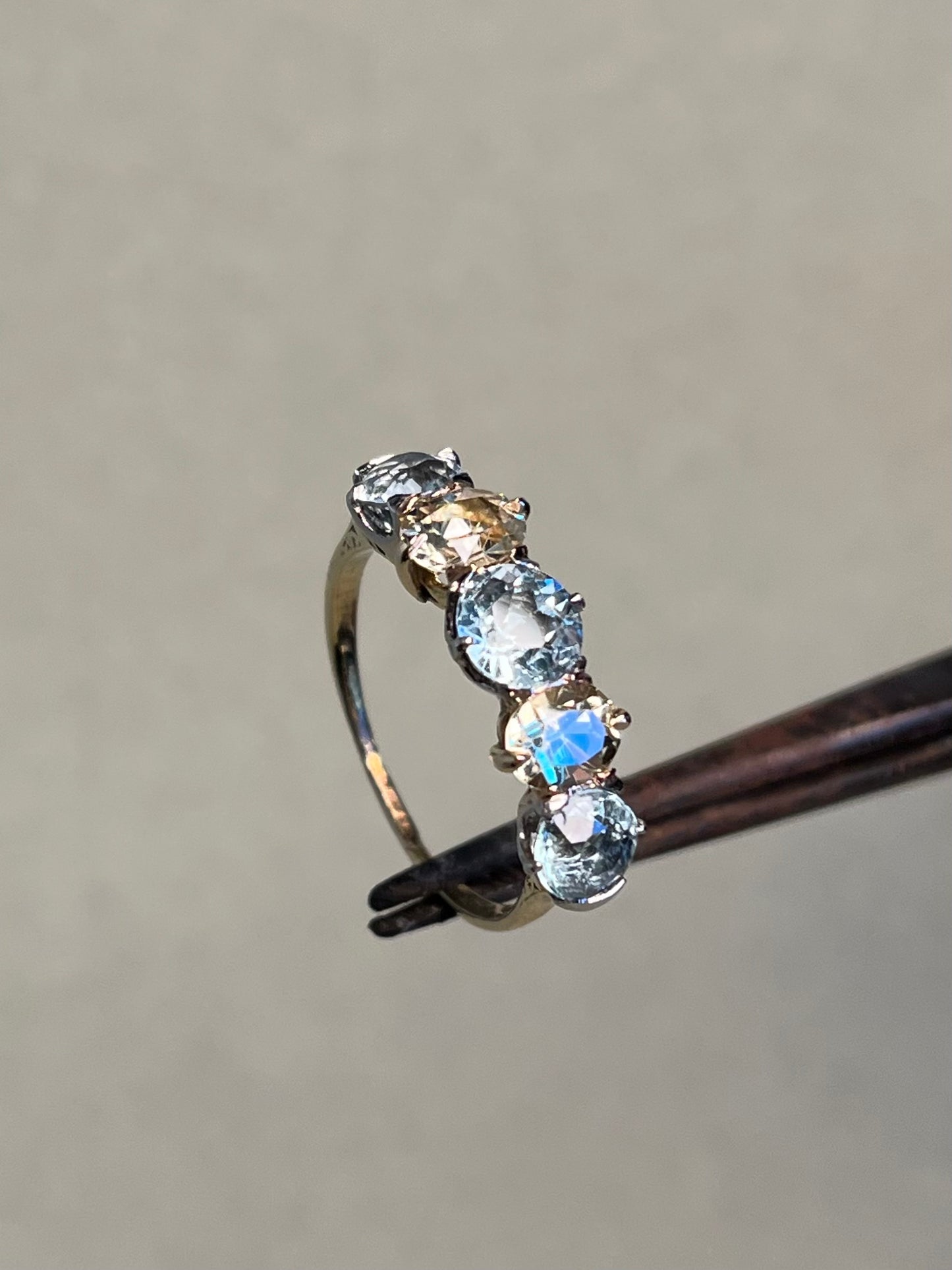 Antique Five Stone Ring with Old Cut Aquamarine and Chrysoberyl