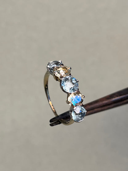 Antique Five Stone Ring with Old Cut Aquamarine and Chrysoberyl