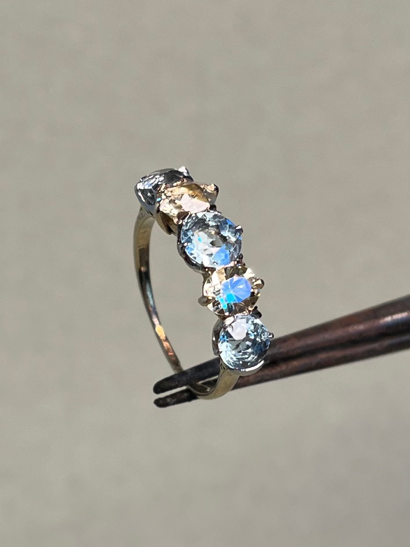Antique Five Stone Ring with Old Cut Aquamarine and Chrysoberyl