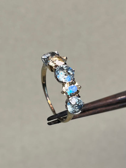 Antique Five Stone Ring with Old Cut Aquamarine and Chrysoberyl