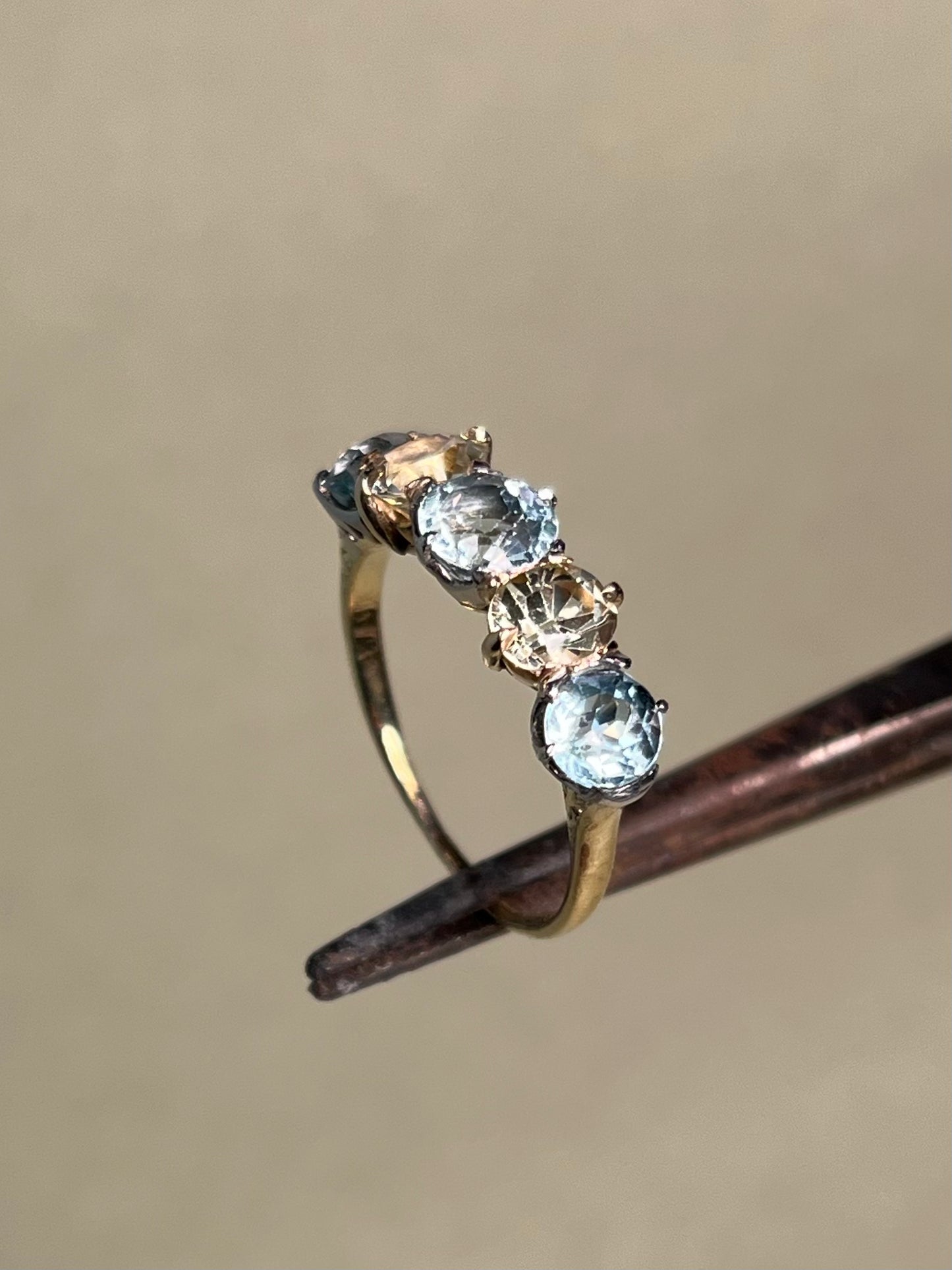 Antique Five Stone Ring with Old Cut Aquamarine and Chrysoberyl