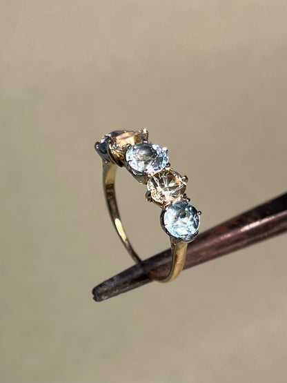 Antique Five Stone Ring with Old Cut Aquamarine and Chrysoberyl