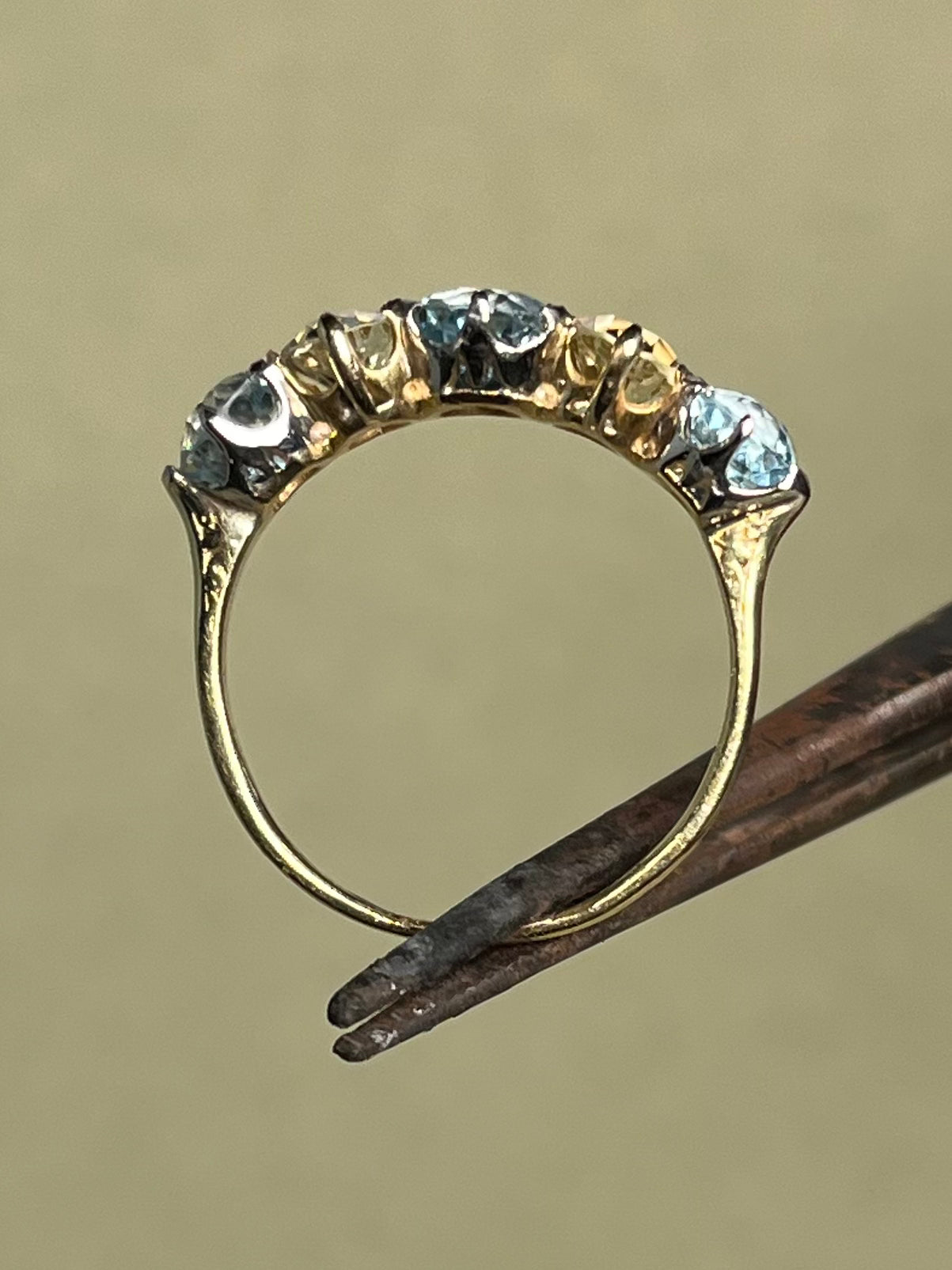 Antique Five Stone Ring with Old Cut Aquamarine and Chrysoberyl