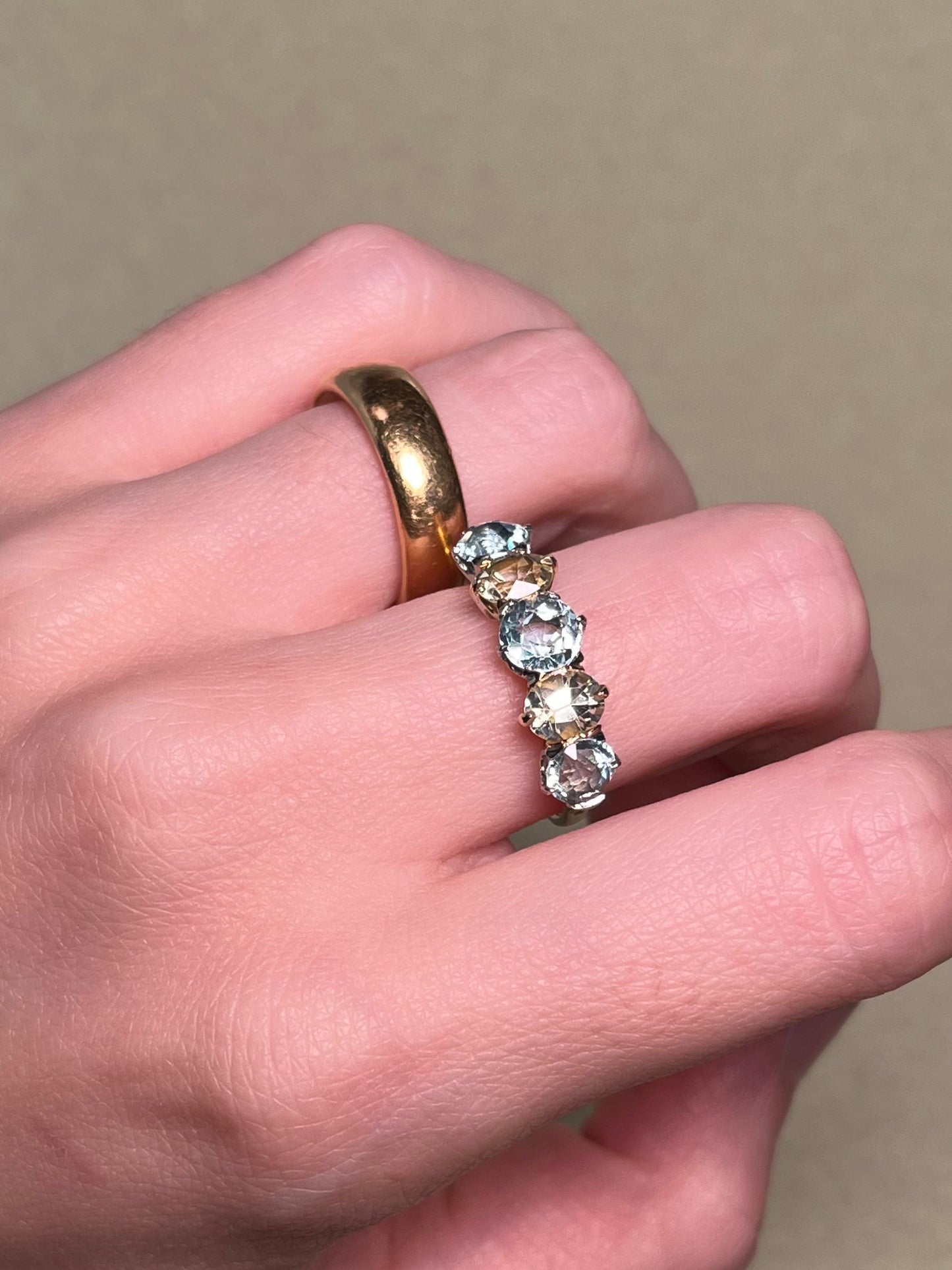 Antique Five Stone Ring with Old Cut Aquamarine and Chrysoberyl