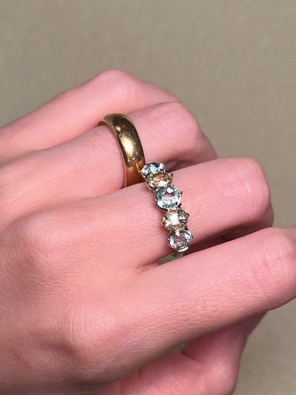 Antique Five Stone Ring with Old Cut Aquamarine and Chrysoberyl