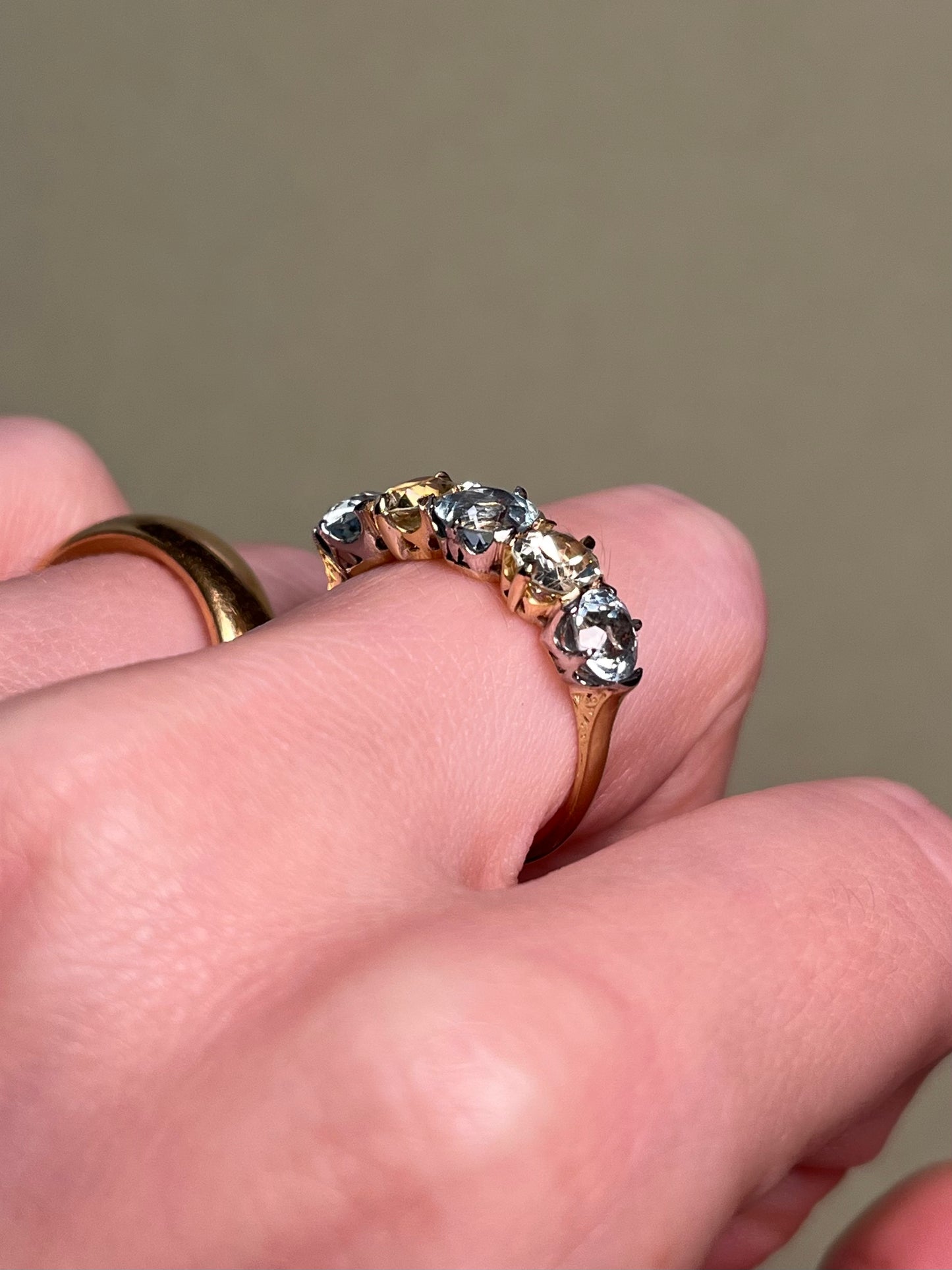 Antique Five Stone Ring with Old Cut Aquamarine and Chrysoberyl