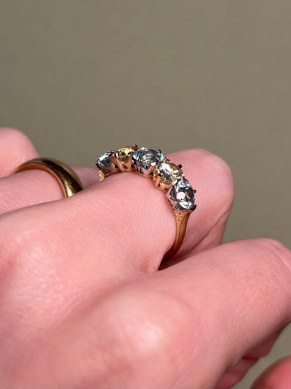 Antique Five Stone Ring with Old Cut Aquamarine and Chrysoberyl
