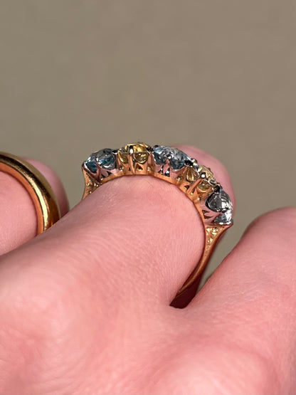 Antique Five Stone Ring with Old Cut Aquamarine and Chrysoberyl