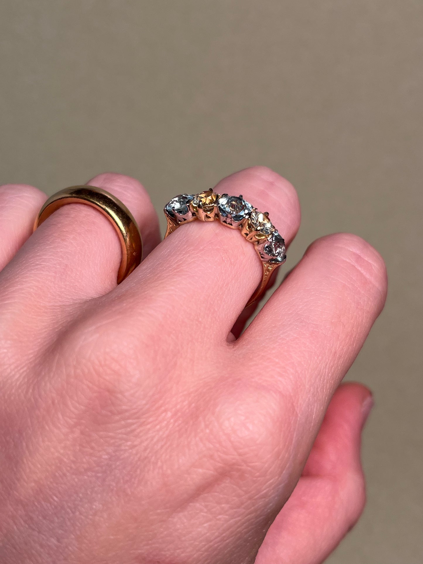 Antique Five Stone Ring with Old Cut Aquamarine and Chrysoberyl