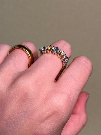 Antique Five Stone Ring with Old Cut Aquamarine and Chrysoberyl