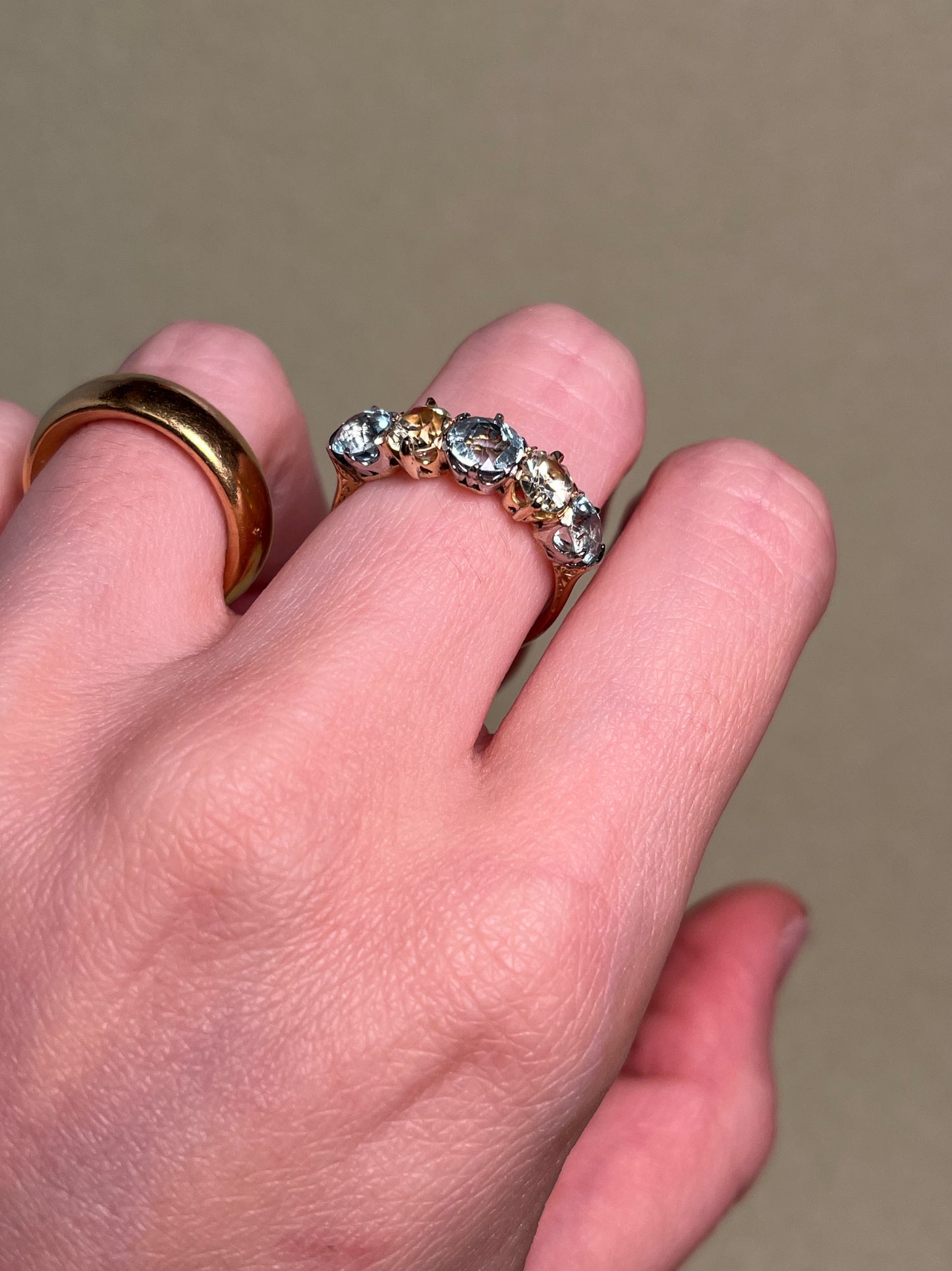 Antique Five Stone Ring with Old Cut Aquamarine and Chrysoberyl