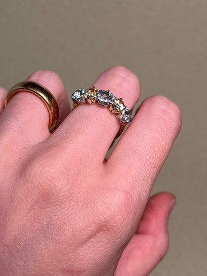 Antique Five Stone Ring with Old Cut Aquamarine and Chrysoberyl
