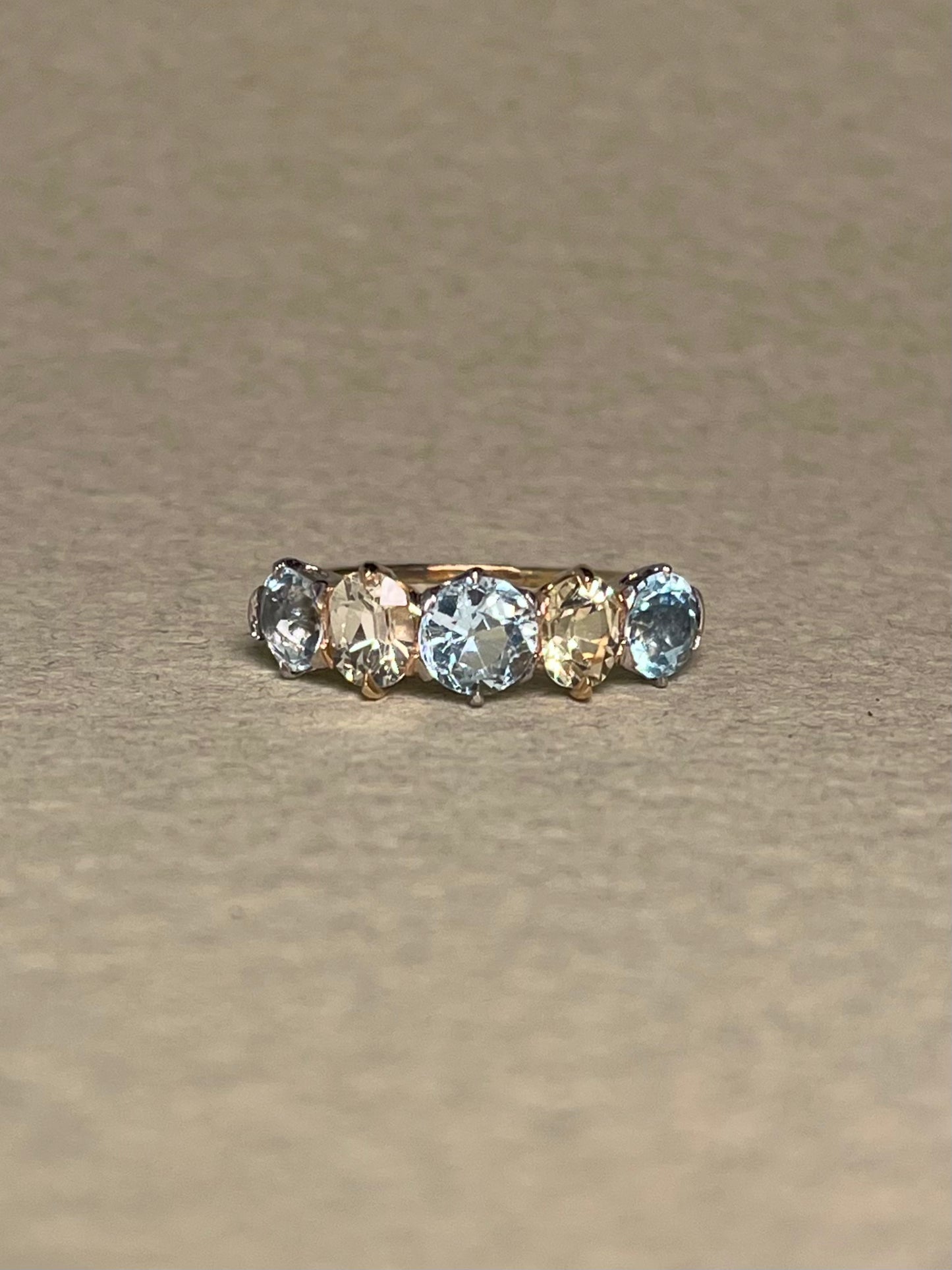 Antique Five Stone Ring with Old Cut Aquamarine and Chrysoberyl