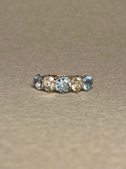 Antique Five Stone Ring with Old Cut Aquamarine and Chrysoberyl
