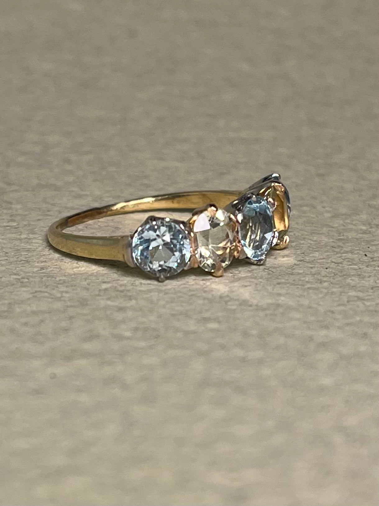 Antique Five Stone Ring with Old Cut Aquamarine and Chrysoberyl