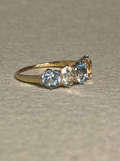 Antique Five Stone Ring with Old Cut Aquamarine and Chrysoberyl