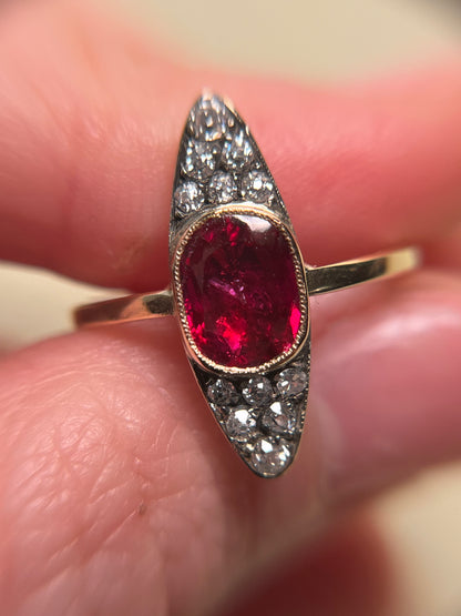 Antique ~2 Carat Ruby and Old Mine Cut Diamond Navette Ring