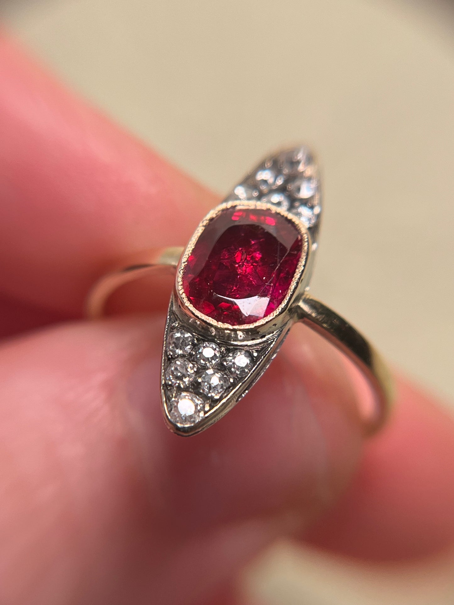 Antique ~2 Carat Ruby and Old Mine Cut Diamond Navette Ring