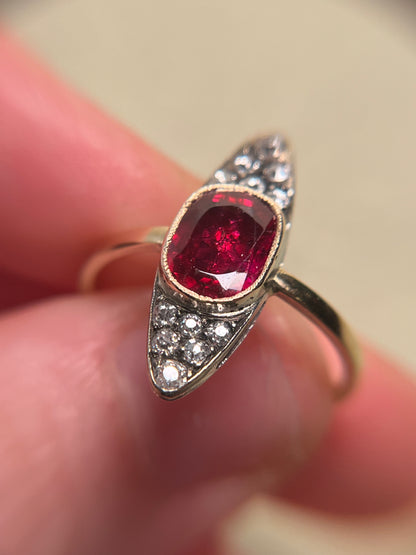 Antique ~2 Carat Ruby and Old Mine Cut Diamond Navette Ring
