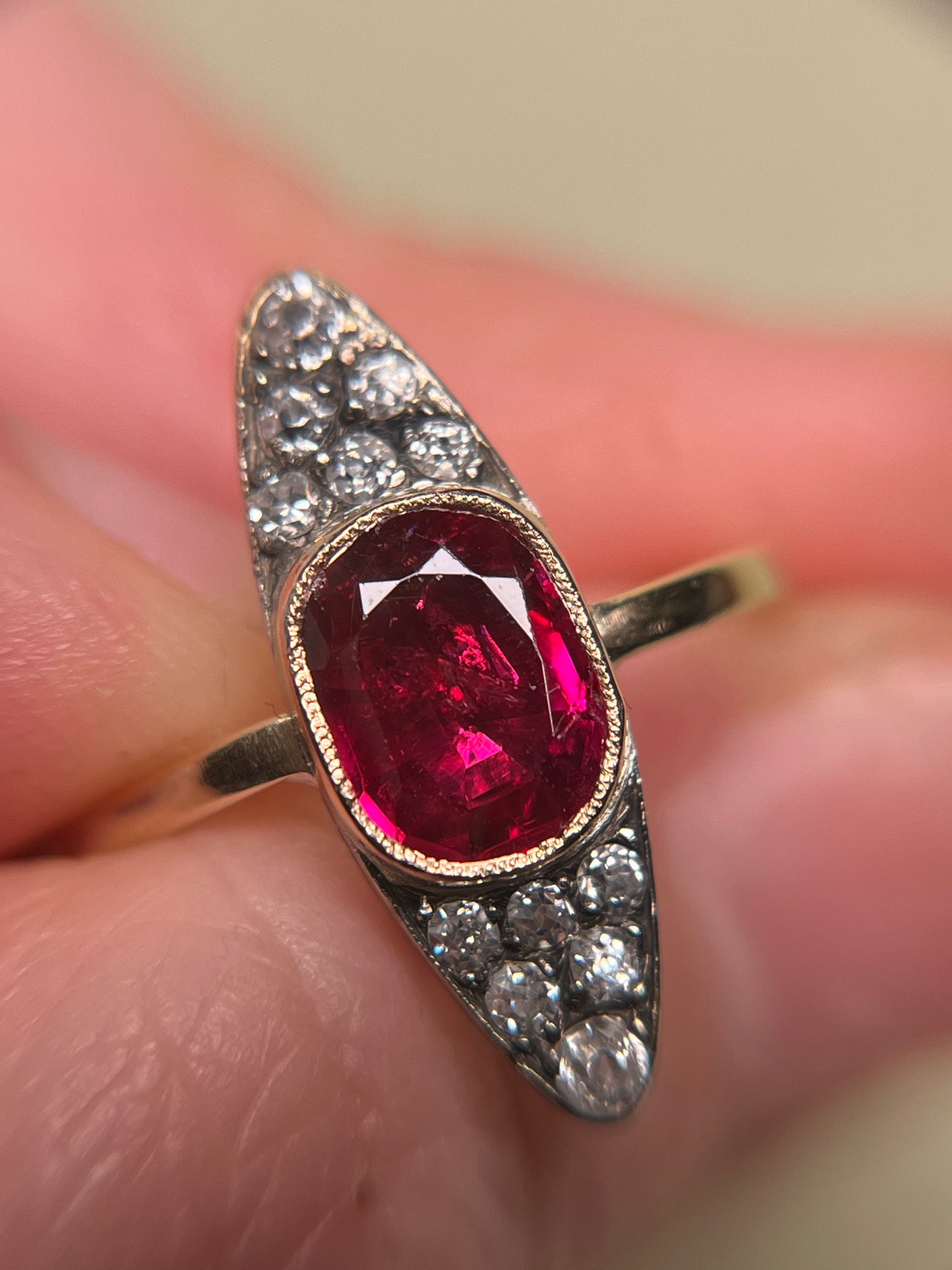 Antique ~2 Carat Ruby and Old Mine Cut Diamond Navette Ring