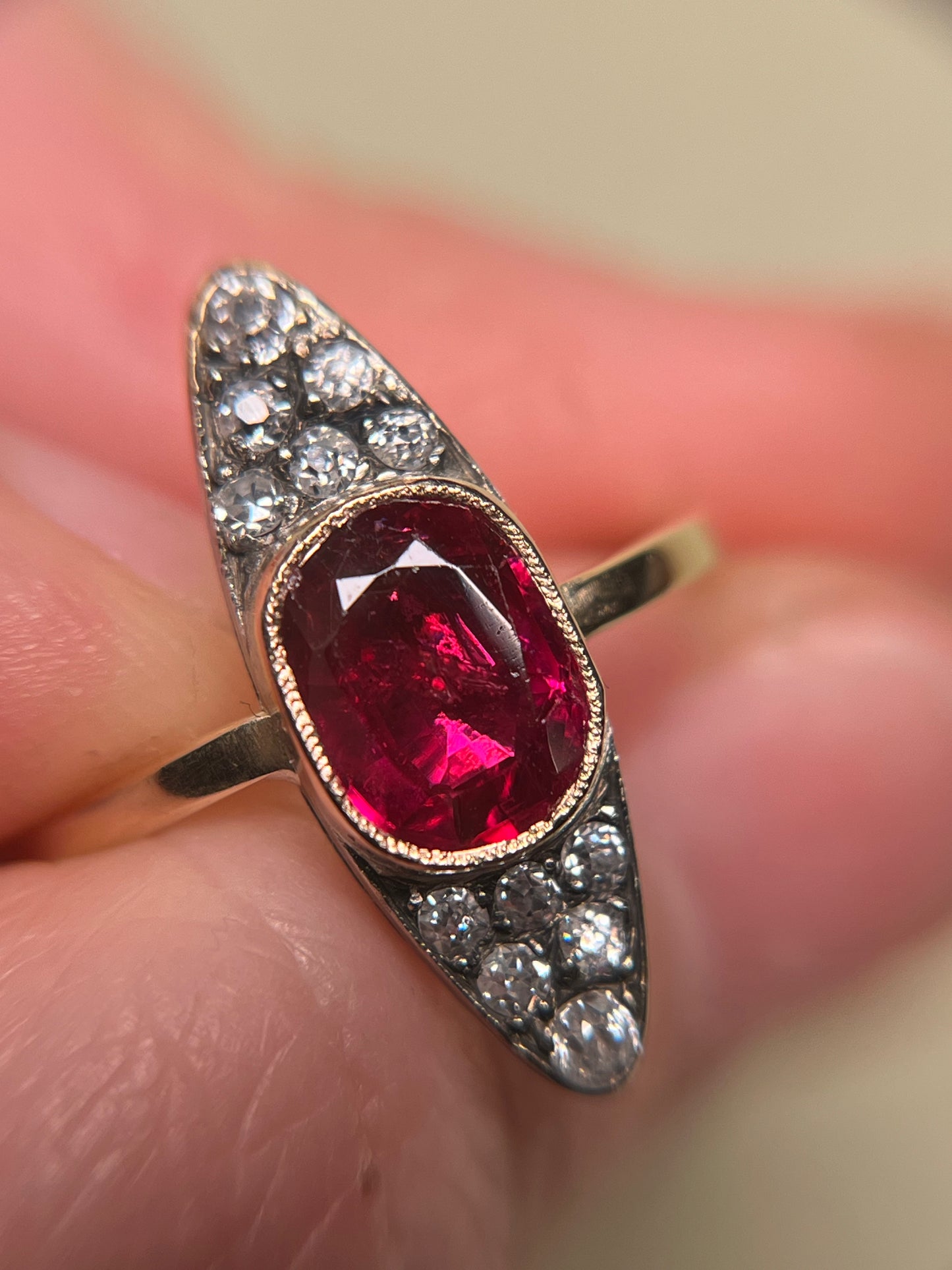 Antique ~2 Carat Ruby and Old Mine Cut Diamond Navette Ring