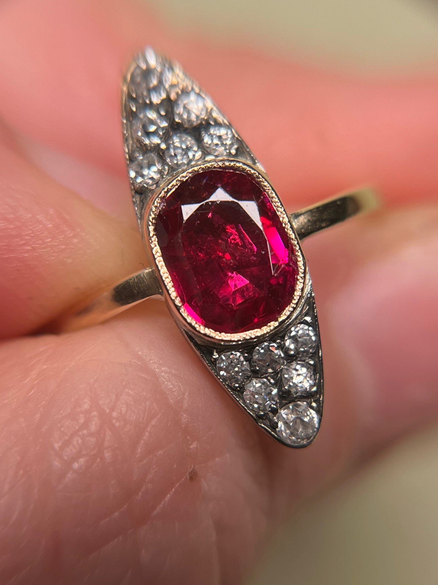Antique ~2 Carat Ruby and Old Mine Cut Diamond Navette Ring