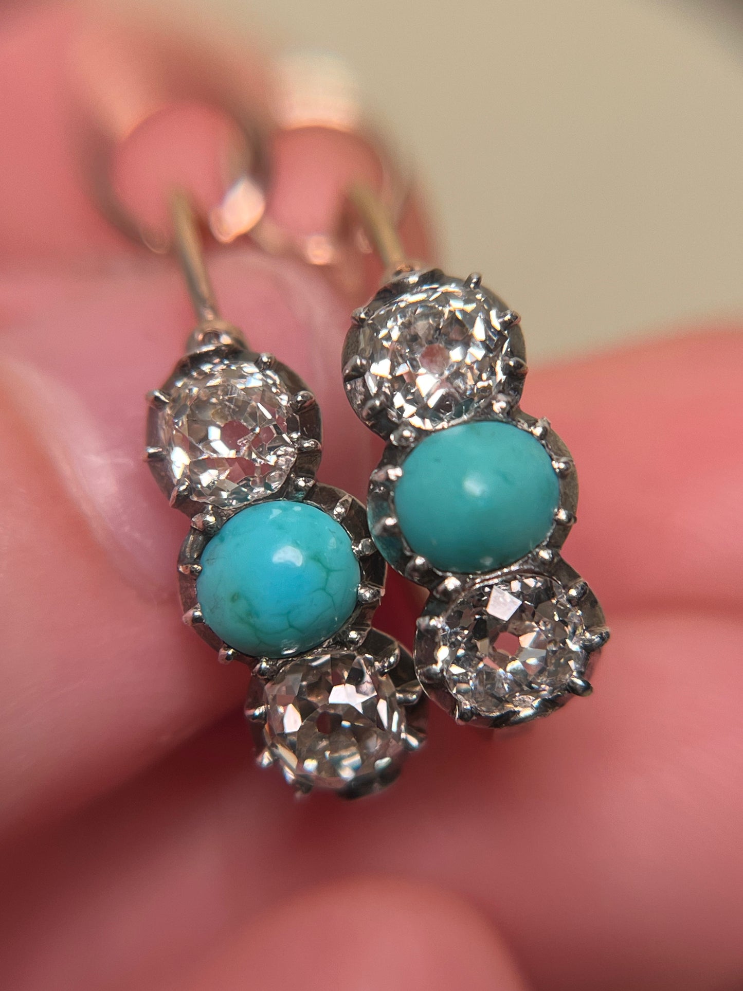 Georgian Collet Poissarde Hoop Earrings with Old Mine Cut Diamonds and Turquoise