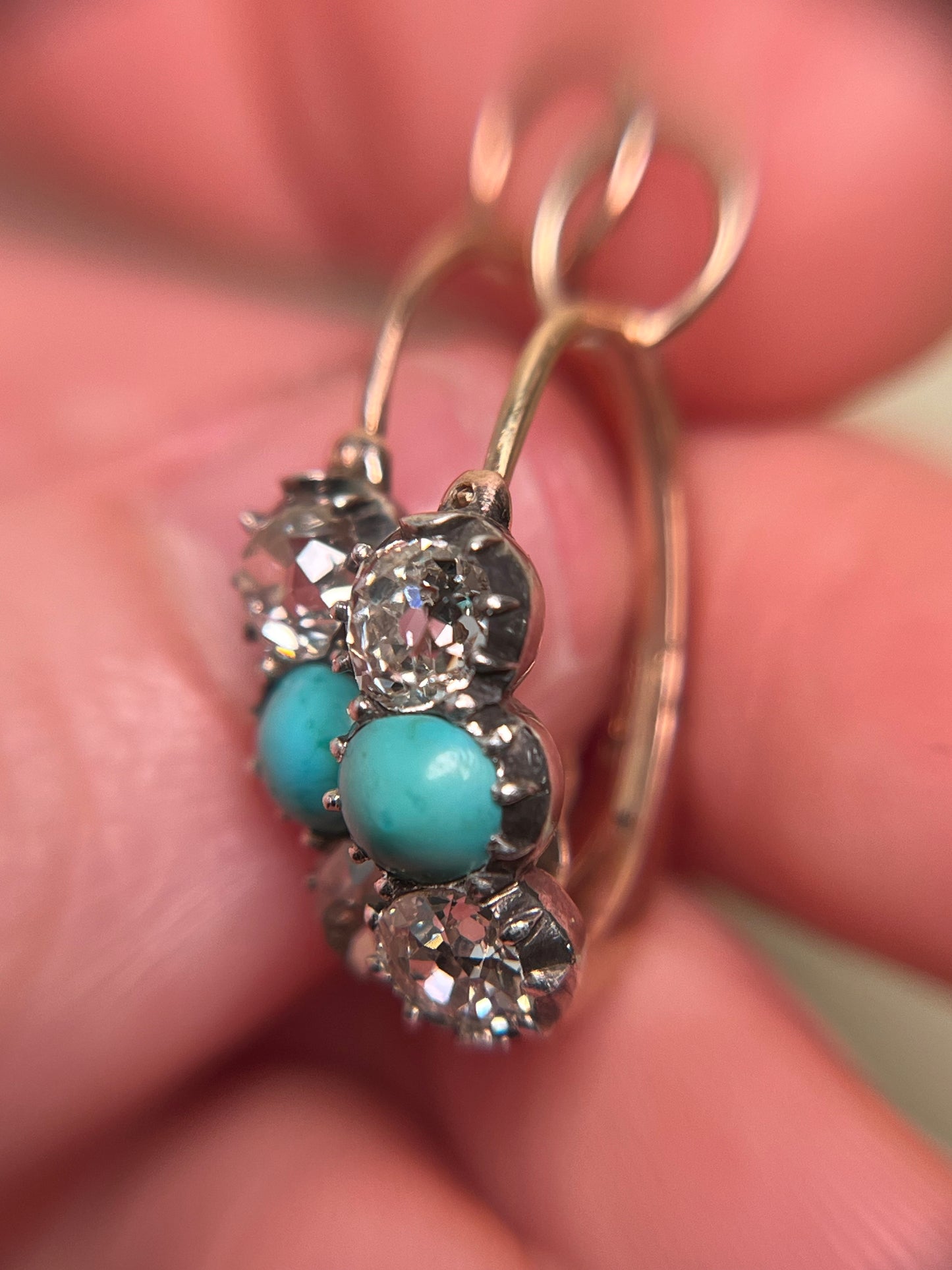 Georgian Collet Poissarde Hoop Earrings with Old Mine Cut Diamonds and Turquoise
