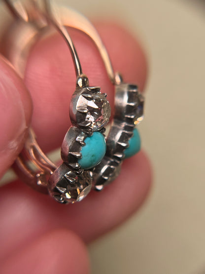 Georgian Collet Poissarde Hoop Earrings with Old Mine Cut Diamonds and Turquoise