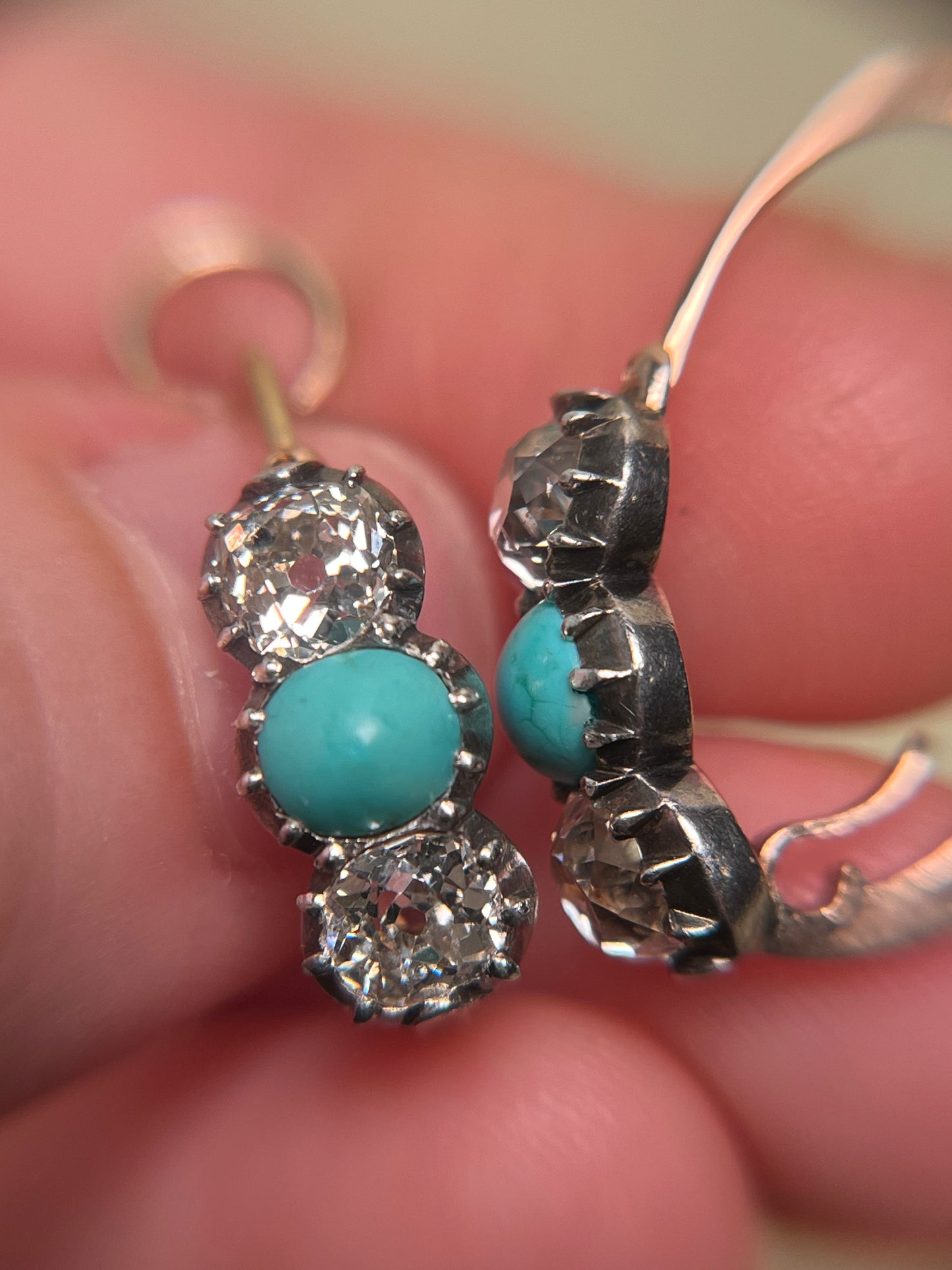 Georgian Collet Poissarde Hoop Earrings with Old Mine Cut Diamonds and Turquoise