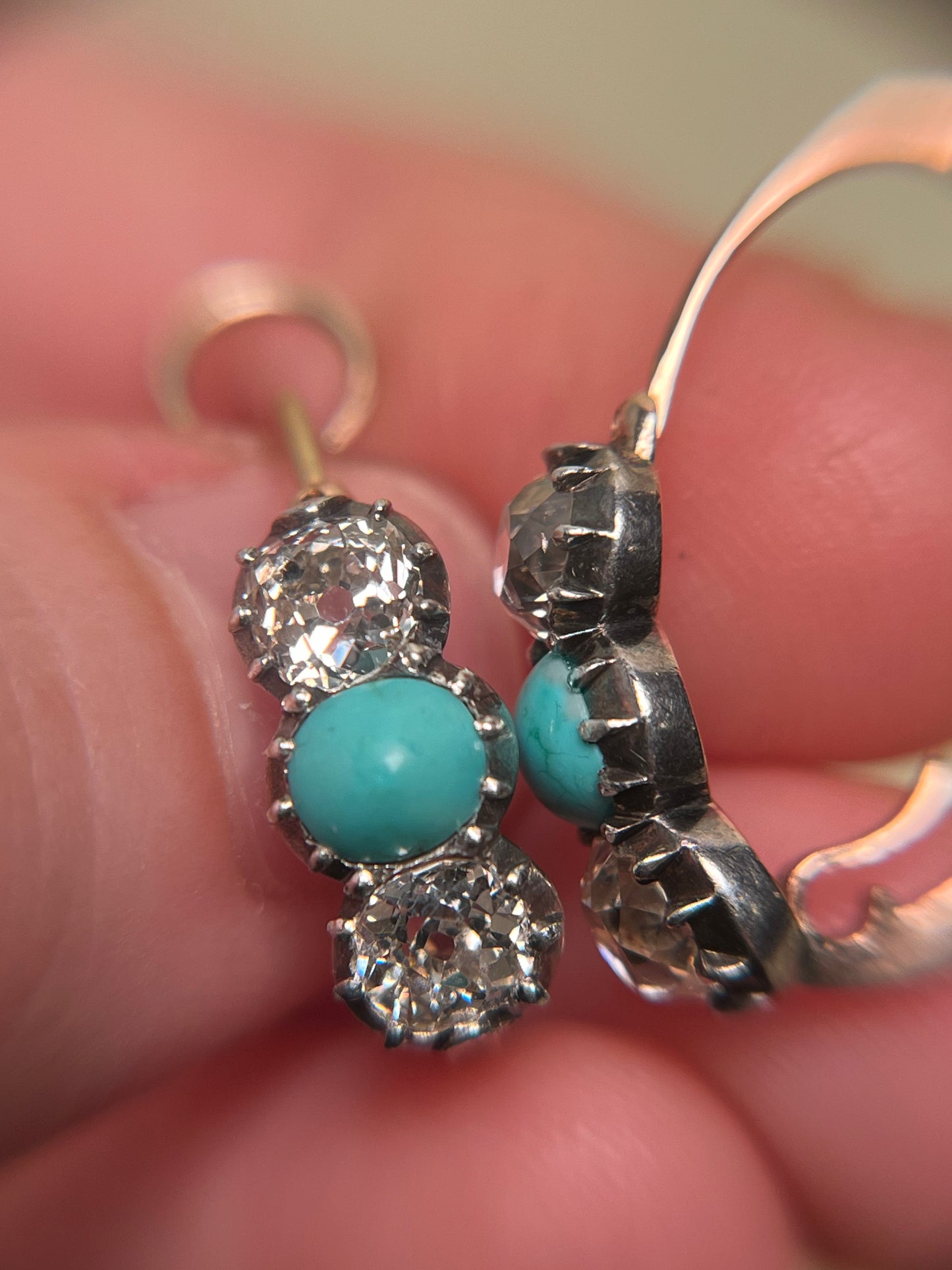 Georgian Collet Poissarde Hoop Earrings with Old Mine Cut Diamonds and Turquoise